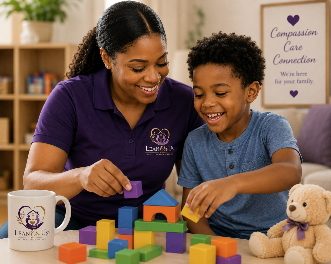 Lean On Us caregiver smiling and playing with a young child while building with colorful blocks