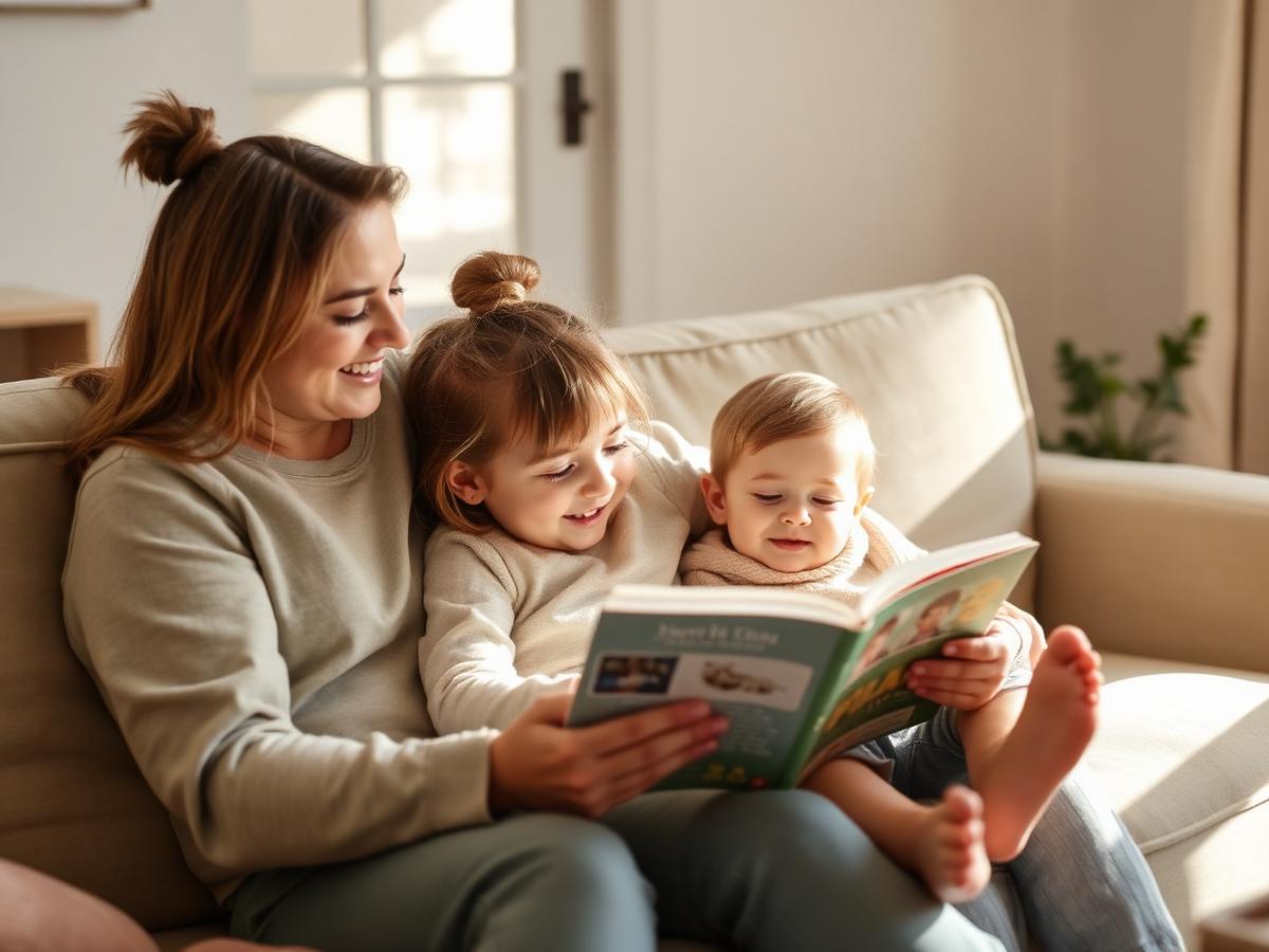 A caregiver reading a book with a child on a sunlit couch
